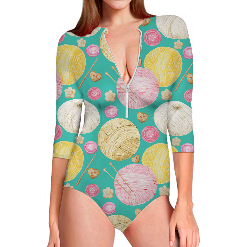 Watercolor Yarn Pattern Print Long Sleeve Swimsuit
