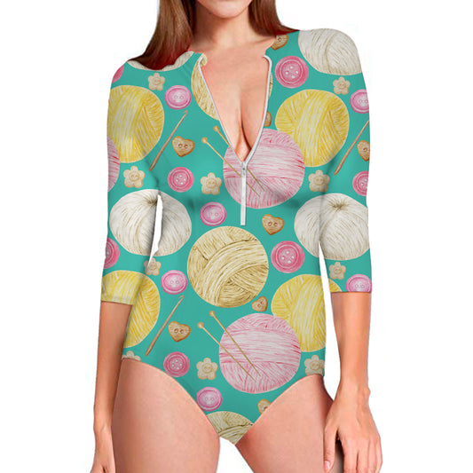 Watercolor Yarn Pattern Print Long Sleeve Swimsuit