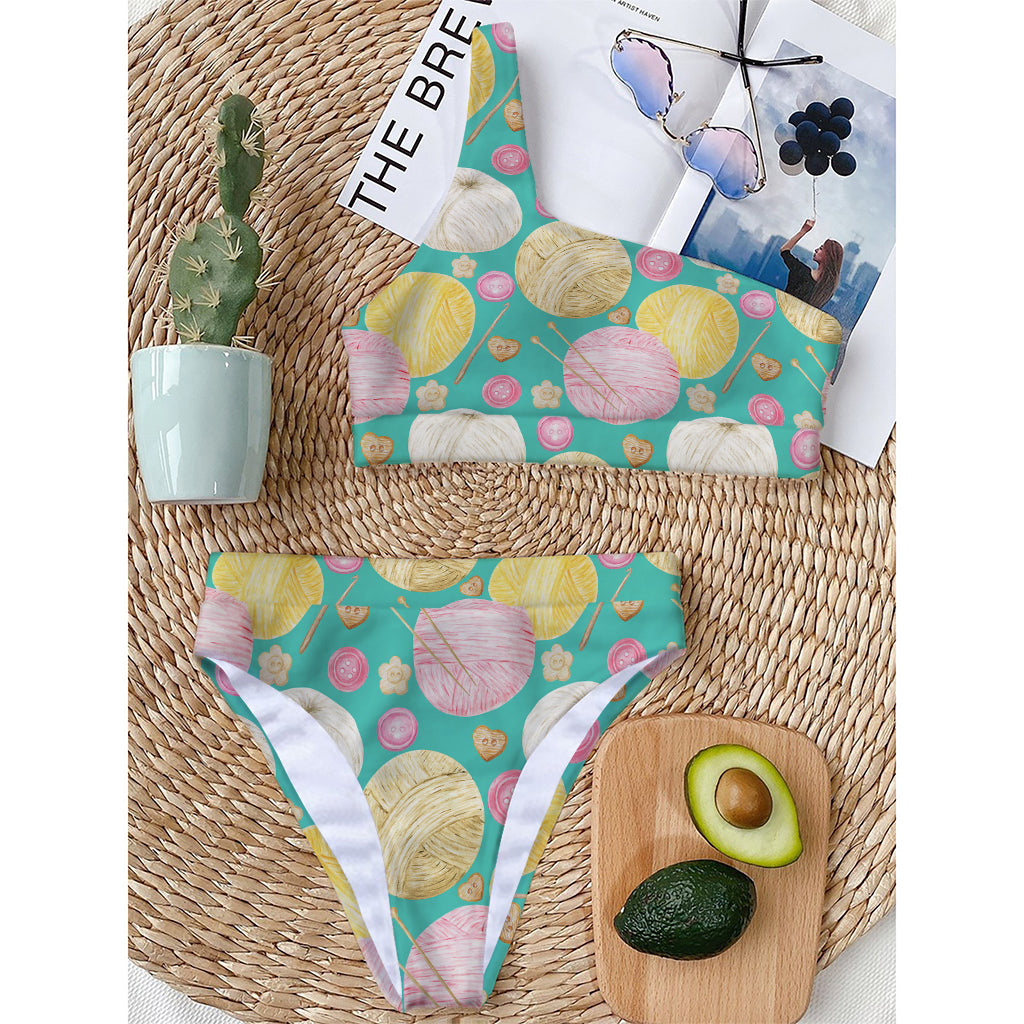 Watercolor Yarn Pattern Print One Shoulder Bikini Top