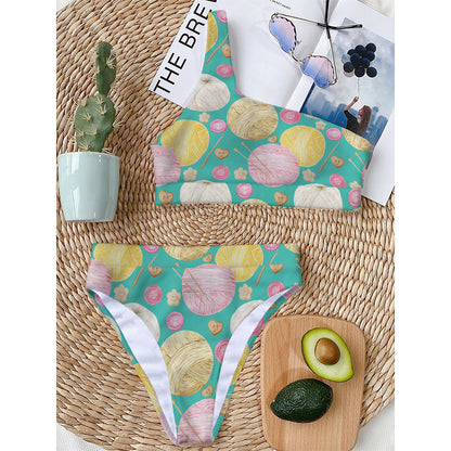 Watercolor Yarn Pattern Print One Shoulder Bikini Top