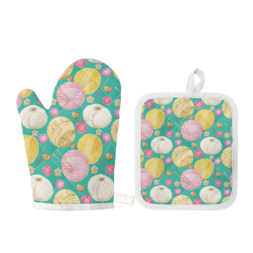 Watercolor Yarn Pattern Print Oven Mitt And Pot Holder Set