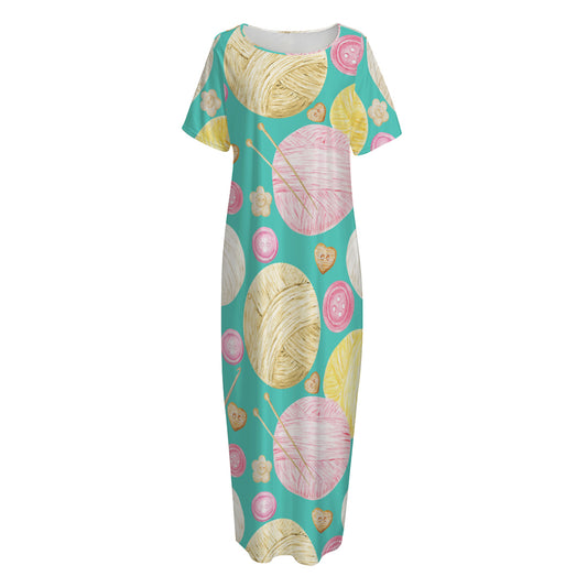 Watercolor Yarn Pattern Print Short Sleeve Long Nightdress