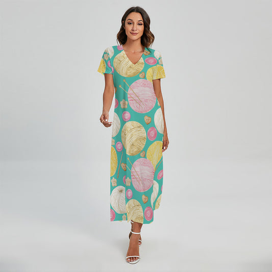 Watercolor Yarn Pattern Print Short Sleeve Maxi Dress