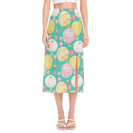Watercolor Yarn Pattern Print Side Slit Midi Skirt