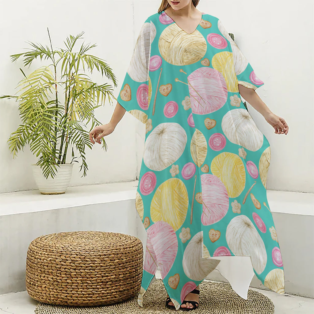 Watercolor Yarn Pattern Print Silk V-Neck Kaftan Dress
