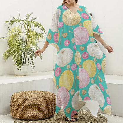 Watercolor Yarn Pattern Print Silk V-Neck Kaftan Dress