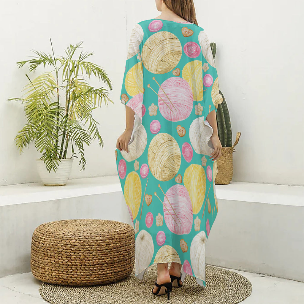Watercolor Yarn Pattern Print Silk V-Neck Kaftan Dress