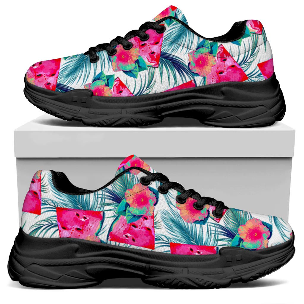Watermelon Teal Hawaiian Pattern Print Black Chunky Shoes
