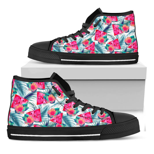 Watermelon Teal Hawaiian Pattern Print Black High Top Sneakers