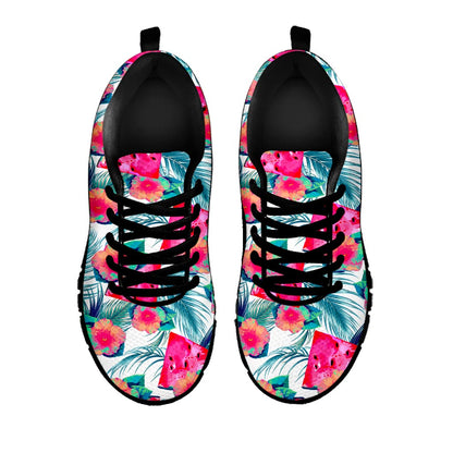 Watermelon Teal Hawaiian Pattern Print Black Running Shoes