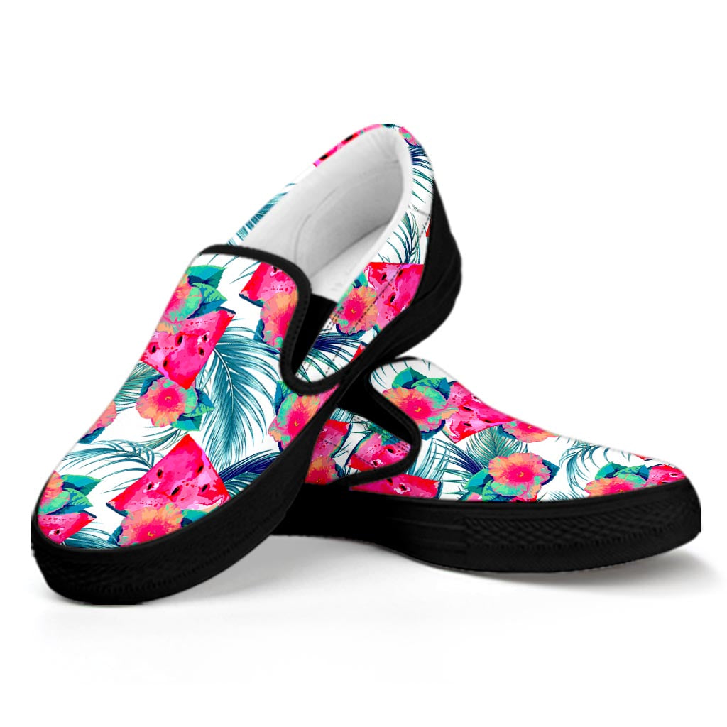 Watermelon Teal Hawaiian Pattern Print Black Slip On Sneakers