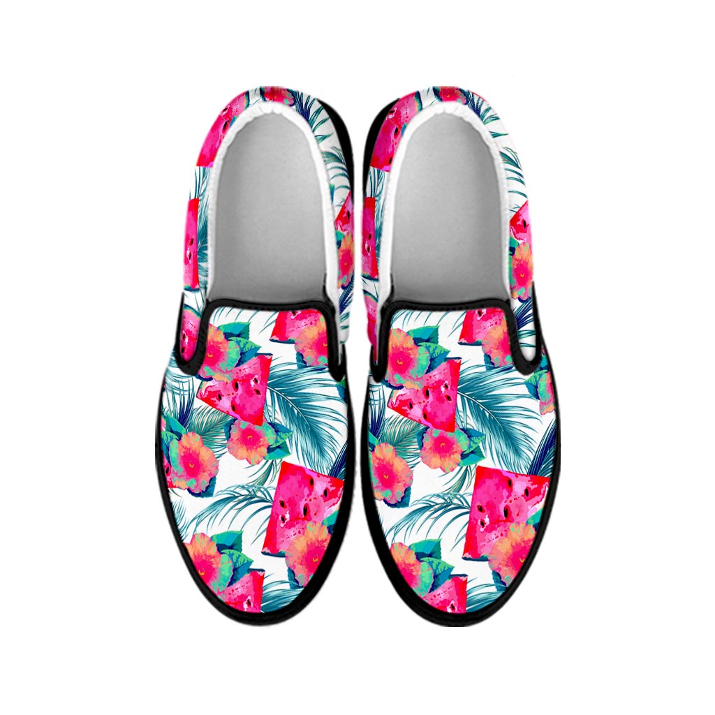 Watermelon Teal Hawaiian Pattern Print Black Slip On Sneakers