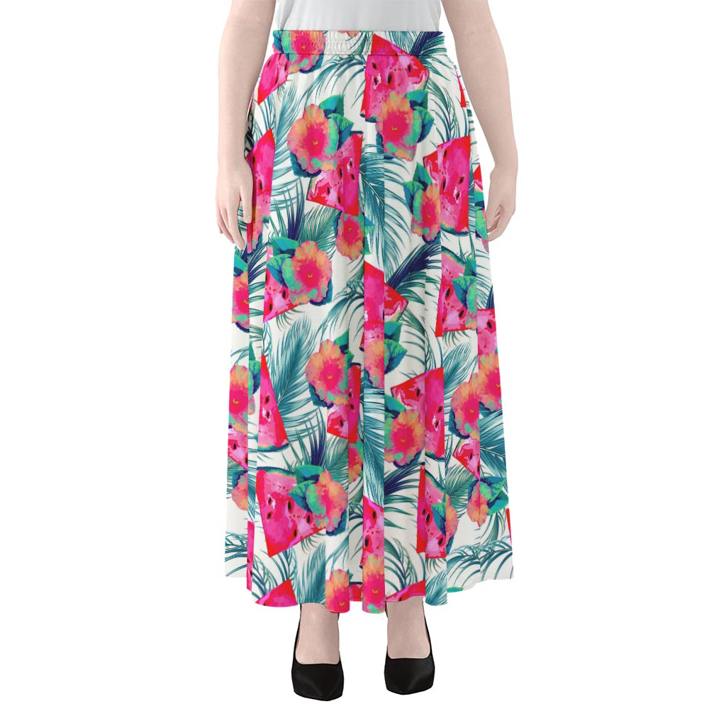 Watermelon Teal Hawaiian Pattern Print Chiffon Maxi Skirt