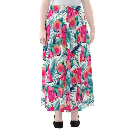 Watermelon Teal Hawaiian Pattern Print Chiffon Maxi Skirt
