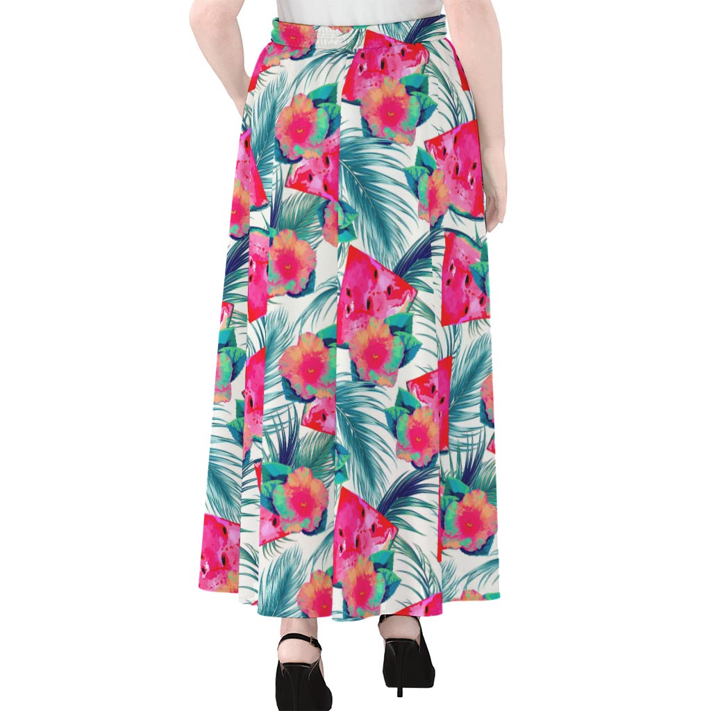 Watermelon Teal Hawaiian Pattern Print Chiffon Maxi Skirt