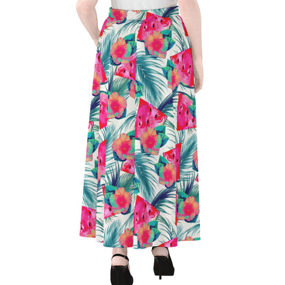 Watermelon Teal Hawaiian Pattern Print Chiffon Maxi Skirt