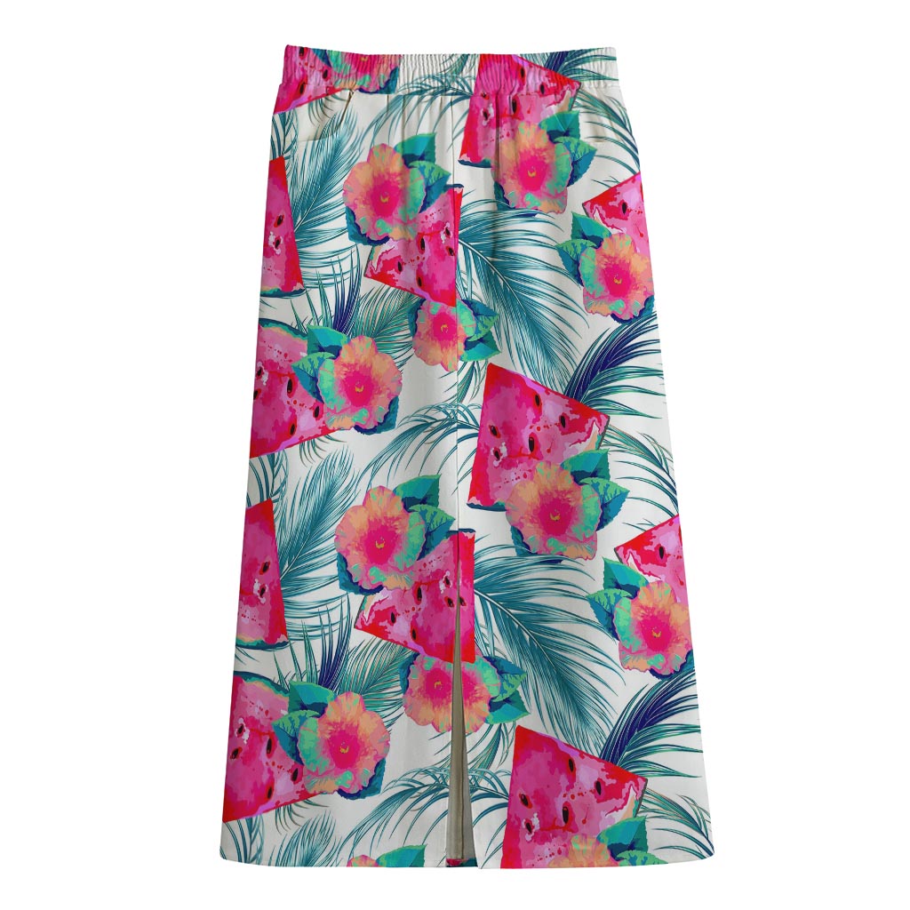 Watermelon Teal Hawaiian Pattern Print Cotton Front Slit Maxi Skirt