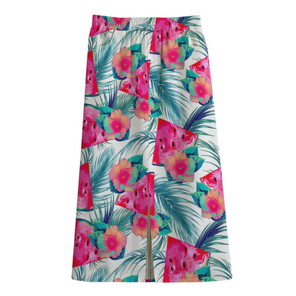 Watermelon Teal Hawaiian Pattern Print Cotton Front Slit Maxi Skirt
