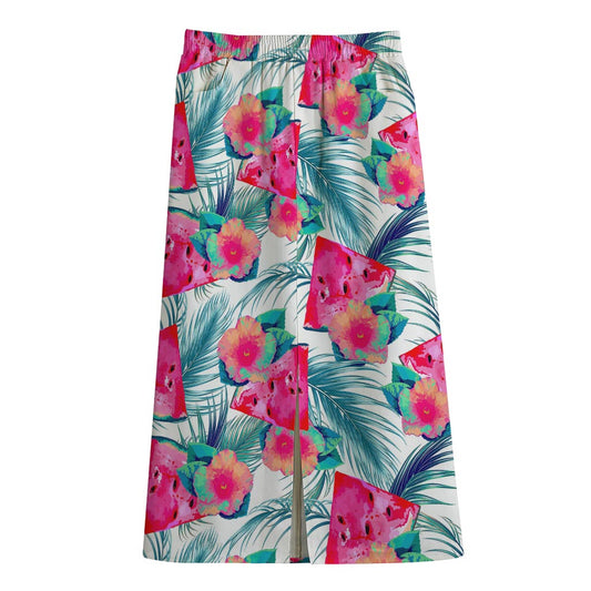 Watermelon Teal Hawaiian Pattern Print Cotton Front Slit Maxi Skirt