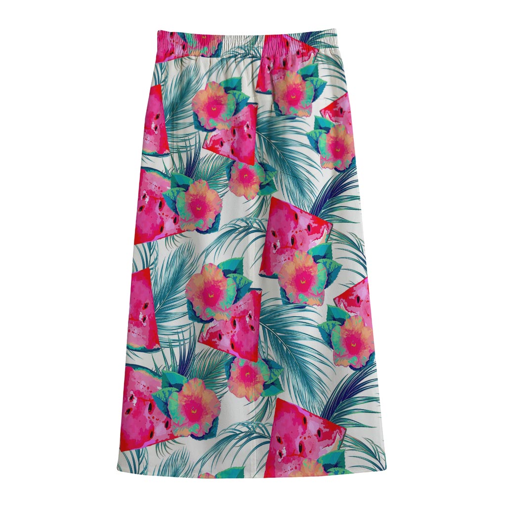 Watermelon Teal Hawaiian Pattern Print Cotton Front Slit Maxi Skirt
