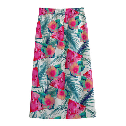 Watermelon Teal Hawaiian Pattern Print Cotton Front Slit Maxi Skirt