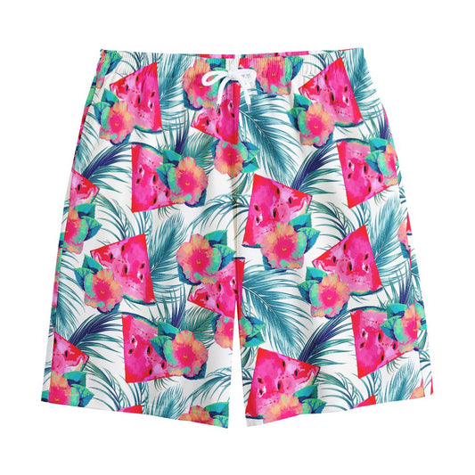 Watermelon Teal Hawaiian Pattern Print Cotton Shorts
