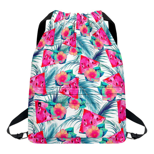 Watermelon Teal Hawaiian Pattern Print Drawstring Backpack