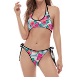 Watermelon Teal Hawaiian Pattern Print Halter Scoop Tie Side Bikini