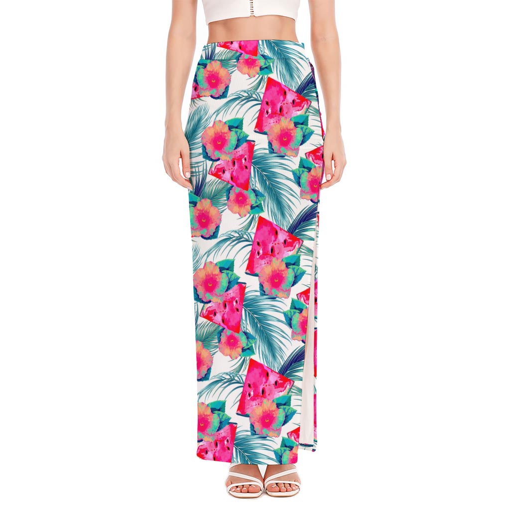 Watermelon Teal Hawaiian Pattern Print High Slit Maxi Skirt
