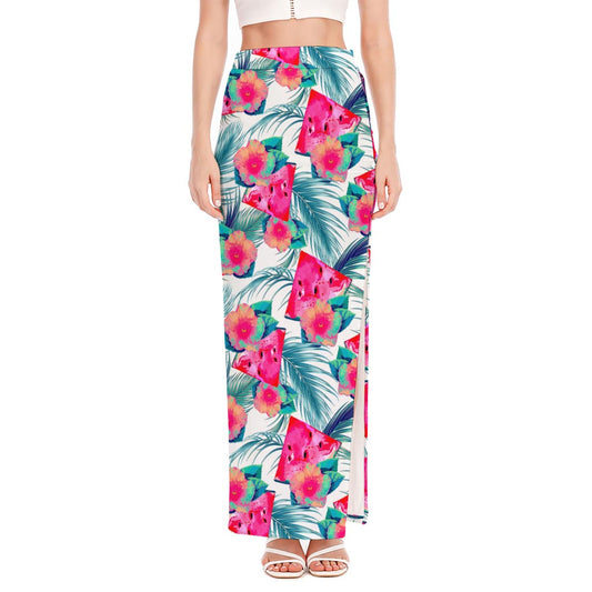 Watermelon Teal Hawaiian Pattern Print High Slit Maxi Skirt