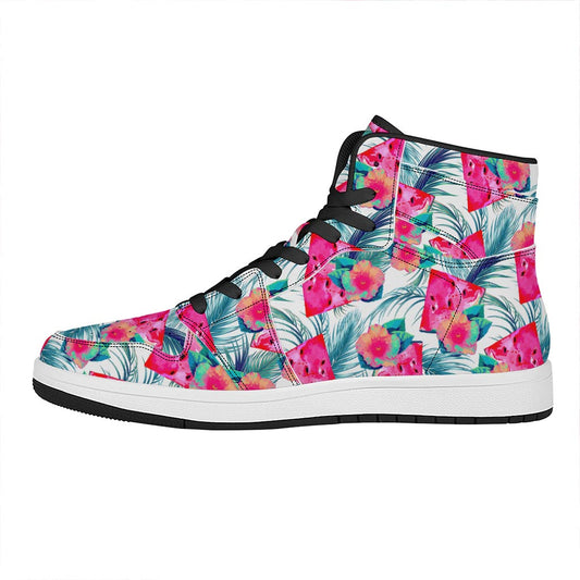 Watermelon Teal Hawaiian Pattern Print High Top Leather Sneakers