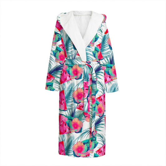 Watermelon Teal Hawaiian Pattern Print Hooded Bathrobe