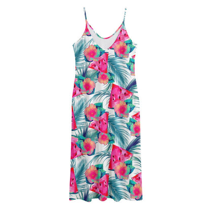 Watermelon Teal Hawaiian Pattern Print Jersey Midi Cami Dress