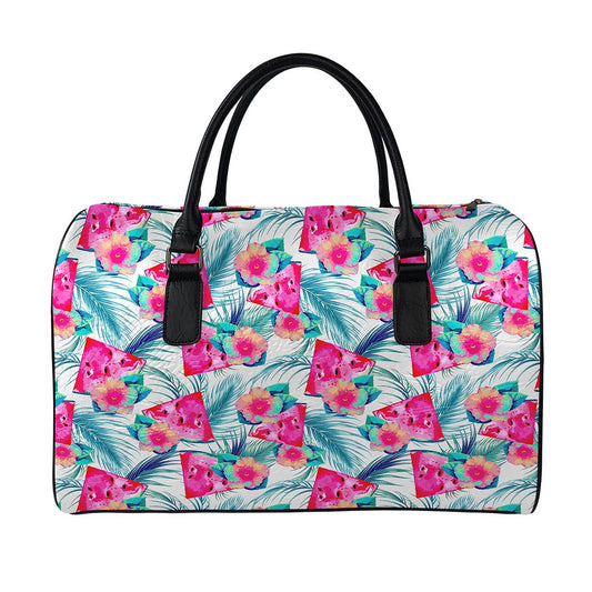 Watermelon Teal Hawaiian Pattern Print Leather Duffle Bag