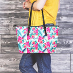 Watermelon Teal Hawaiian Pattern Print Leather Tote Bag