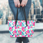 Watermelon Teal Hawaiian Pattern Print Leather Tote Bag