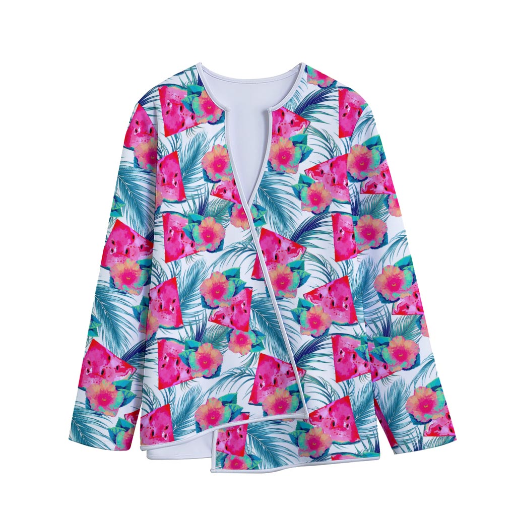 Watermelon Teal Hawaiian Pattern Print Long Sleeve Short Coat