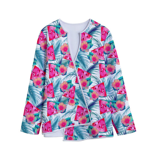 Watermelon Teal Hawaiian Pattern Print Long Sleeve Short Coat
