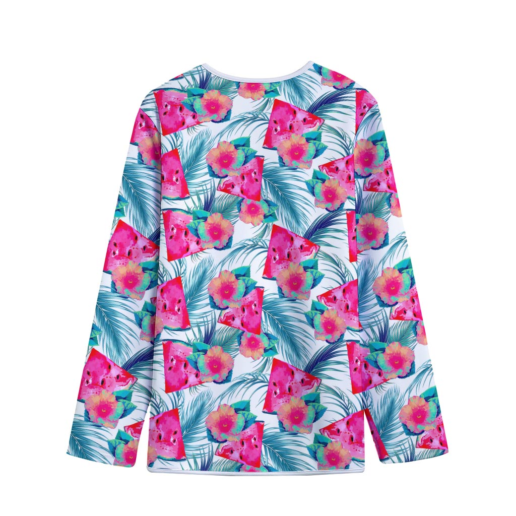 Watermelon Teal Hawaiian Pattern Print Long Sleeve Short Coat