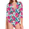 Watermelon Teal Hawaiian Pattern Print Long Sleeve Swimsuit