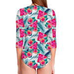 Watermelon Teal Hawaiian Pattern Print Long Sleeve Swimsuit