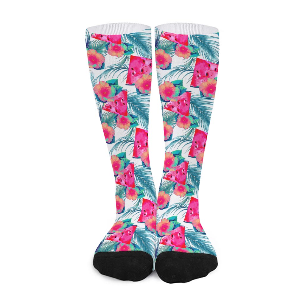 Watermelon Teal Hawaiian Pattern Print Long Socks