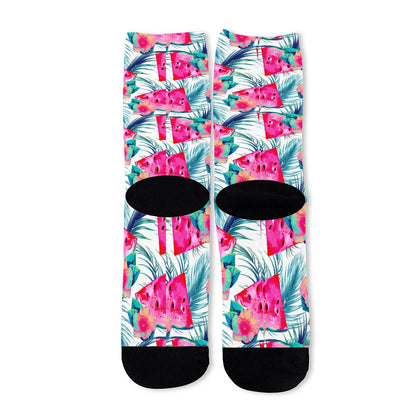 Watermelon Teal Hawaiian Pattern Print Long Socks
