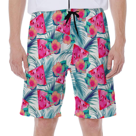 Watermelon Teal Hawaiian Pattern Print Men's Beach Shorts