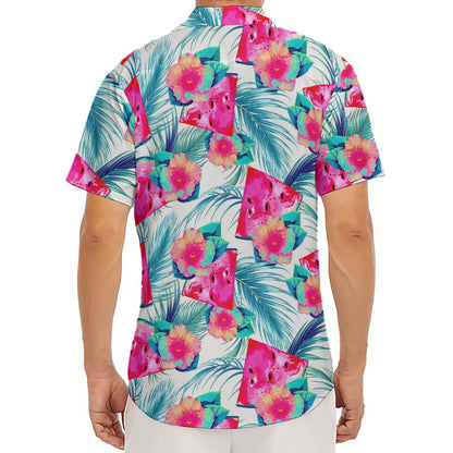 Watermelon Teal Hawaiian Pattern Print Men's Deep V-Neck Shirt