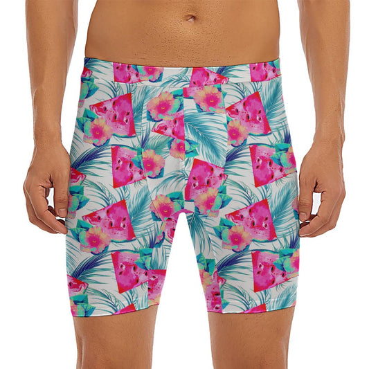 Watermelon Teal Hawaiian Pattern Print Men's Long Boxer Briefs