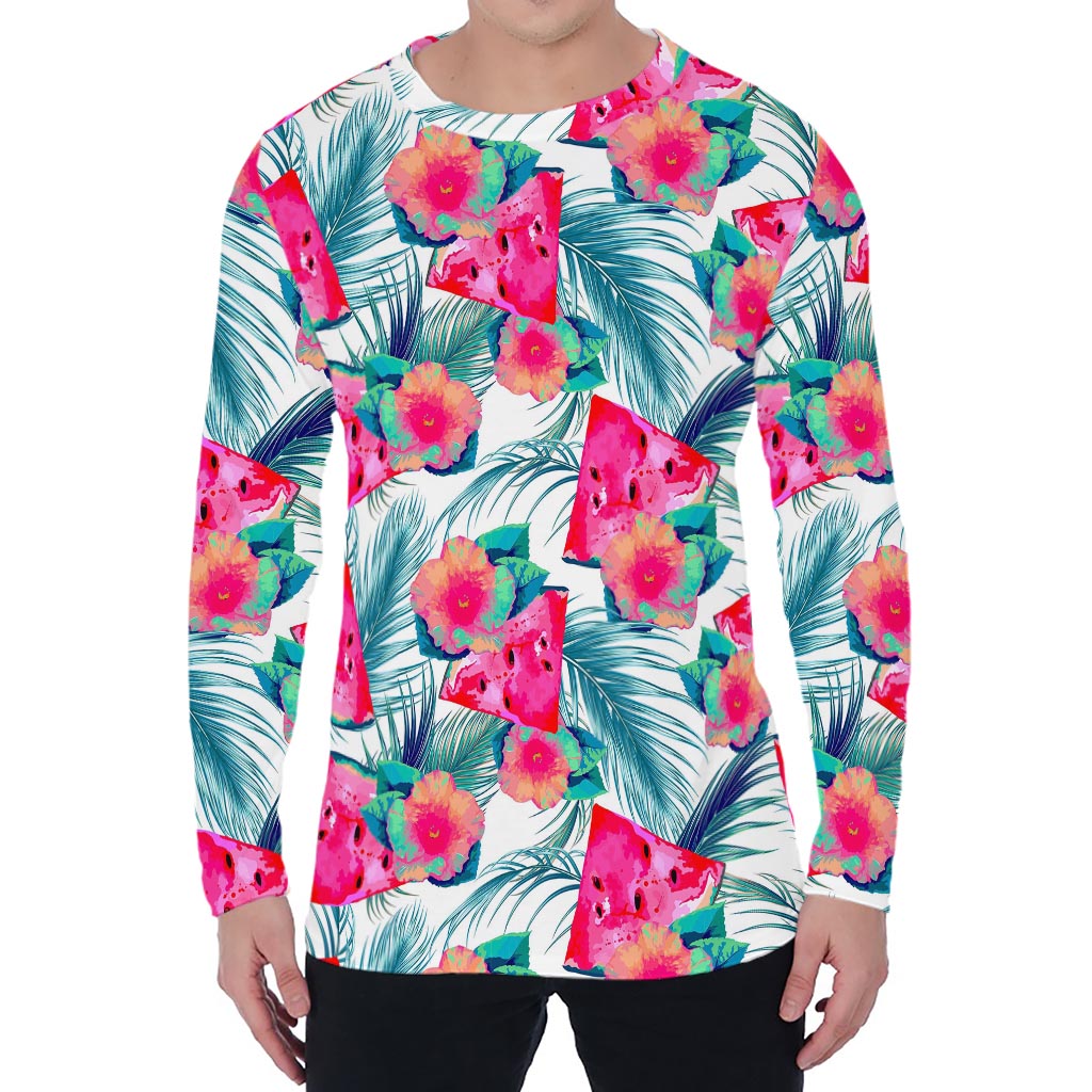 Watermelon Teal Hawaiian Pattern Print Men's Long Sleeve T-Shirt