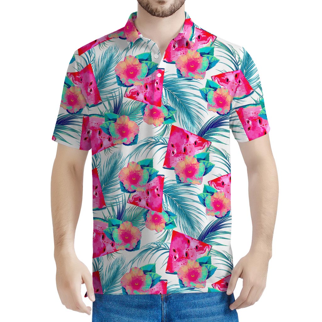 Watermelon Teal Hawaiian Pattern Print Men's Polo Shirt