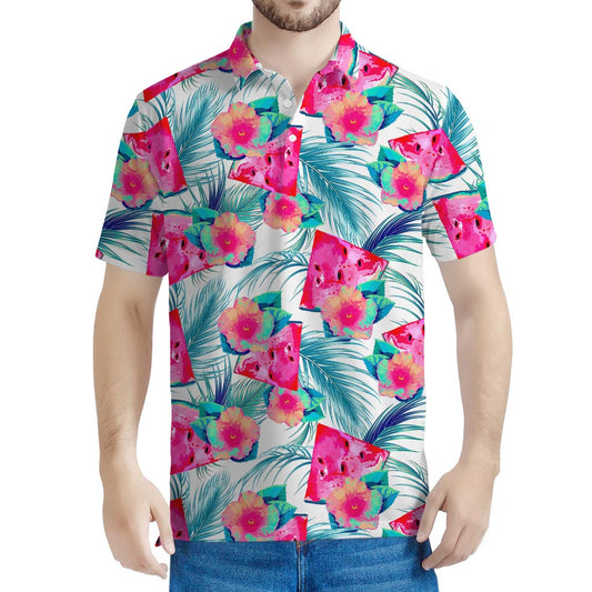 Watermelon Teal Hawaiian Pattern Print Men's Polo Shirt