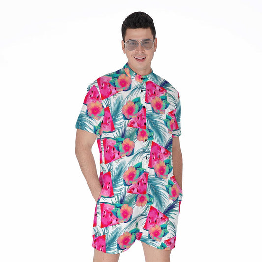 Watermelon Teal Hawaiian Pattern Print Men's Rompers
